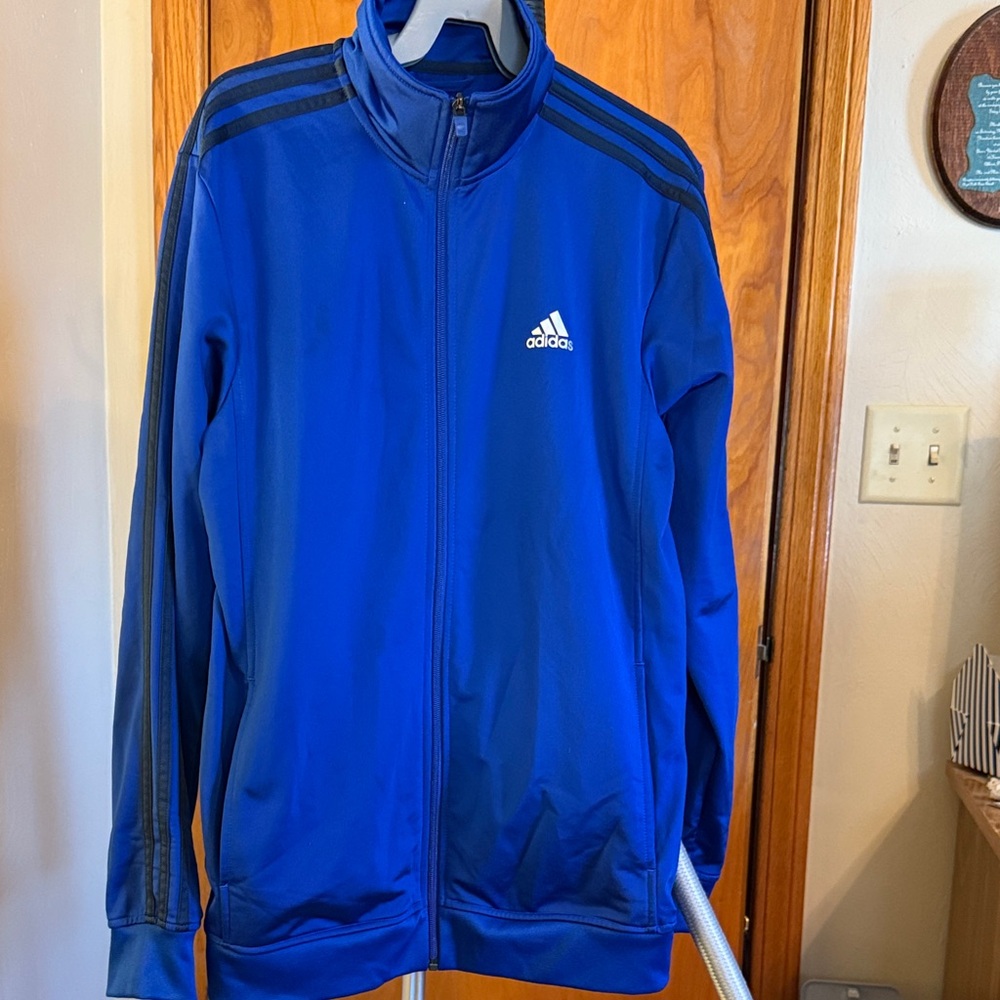 Mens Adidas Royal Blue Zip-Up Jacket with Black Stripes. Sz M. Great condition.